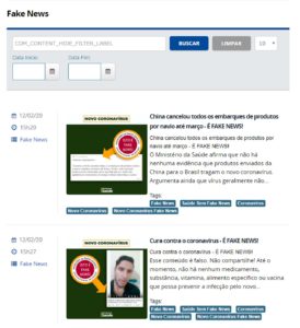 新型コロナウイルスのフェイクニュースを検索できるページ（ブラジル保健省）